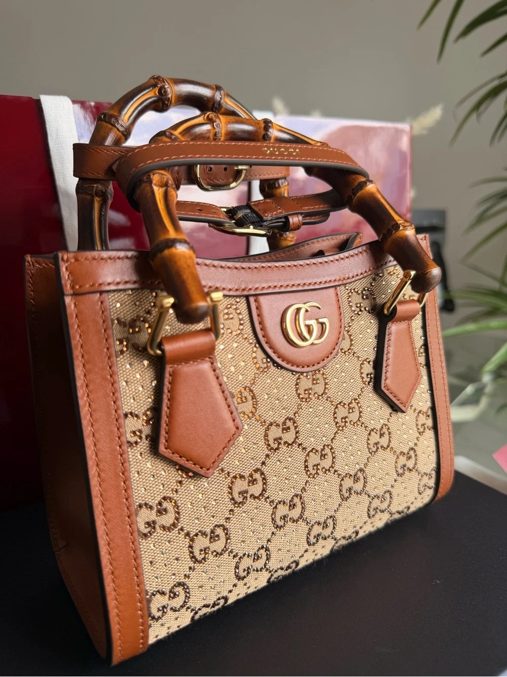 Gucci Tan GG Canvas Bamboo Handle Satchel